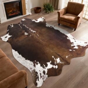 JS BROKERAGE Faux Cowhide Print Rug for Living Room, 4.6 x 5.2 ft Dark Brown Western Animal Cow Hide Rug