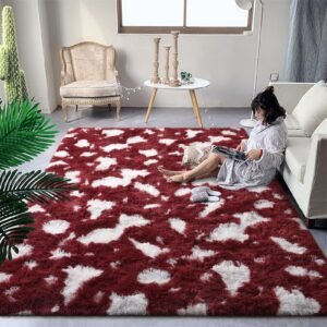 JS BROKERAGE Fluffy Area Rugs for Bedroom Living Room, 6x9 Feet Rug for Boys Kids Girls Room, Soft Shaggy High Pile Indoor Bedside Throw Carpet for Nursery Dorms Home Decor Aesthetic, Burgundy Red
