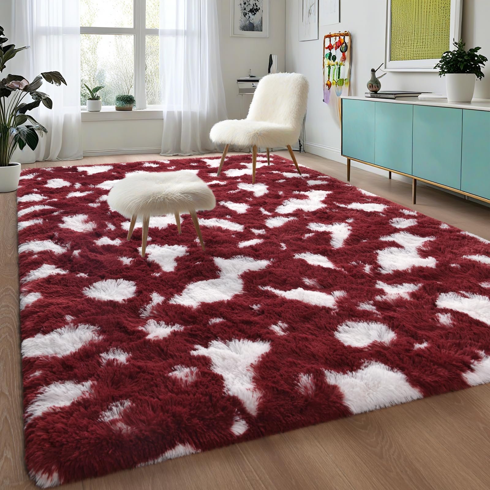 JS BROKERAGE Fluffy Area Rugs for Bedroom Living Room, 6x9 Feet Rug for Boys Kids Girls Room, Soft Shaggy High Pile Indoor Bedside Throw Carpet for Nursery Dorms Home Decor Aesthetic, Burgundy Red - Image 2
