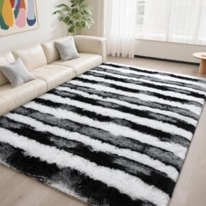 JS BROKERAGE Extra Large Fluffy Area Rug, 6x9 ft Contrast Stripes Indoor Carpets for Living Room Bedroom, Plush High Pile Tie-Dyed Rug for Girls Kids Playroom Classroom Nursery Home Décor, Black