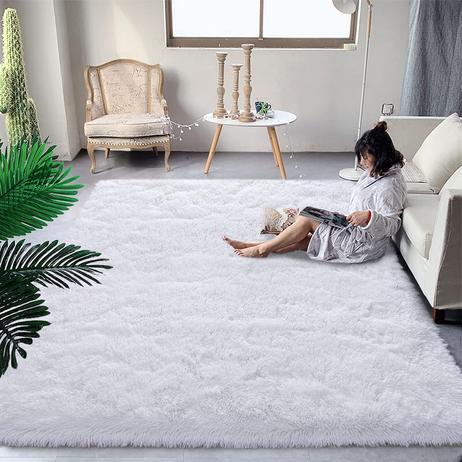 JS BROKERAGE Fluffy White Rugs for Bedroom Living Room, 5x8 Feet Soft Plush Shaggy Ivory Cream Girls Boys Kids Rug, Non-Slip and Machine Washable Carpet for Dorm Nursery Classroom Decor - Image 2