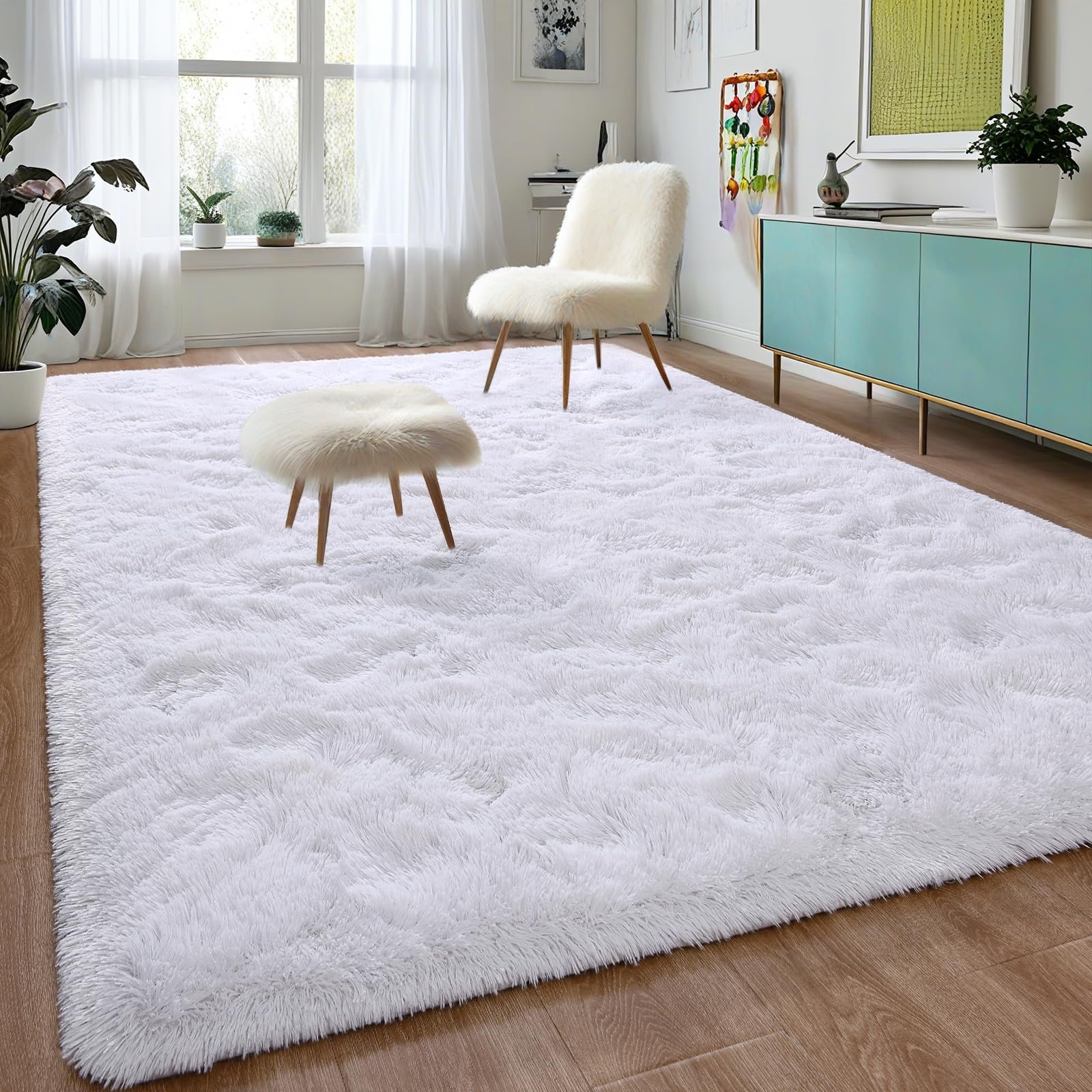 JS BROKERAGE Fluffy White Rugs for Bedroom Living Room, 5x8 Feet Soft Plush Shaggy Ivory Cream Girls Boys Kids Rug, Non-Slip and Machine Washable Carpet for Dorm Nursery Classroom Decor