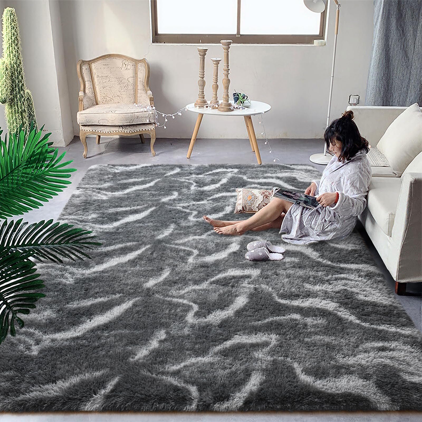 JS BROKERAGE Fluffy Grey Rug for Bedroom Living Room, 6x9 Feet Rectangle Large Plush Fuzzy Carpet for Girls Kids Boys, Non-Slip and Washable Rug for Nursery Classroom Decor, Grey - Image 2