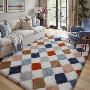 8x10 Black and White Checkered Rug for Living Room Soft Fluffy Shag Area Rug Bedroom
