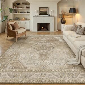 8x10 Washable Vintage Area Rug for Living Room Bedroom Beige Grey Soft Tranditional Non Slip
